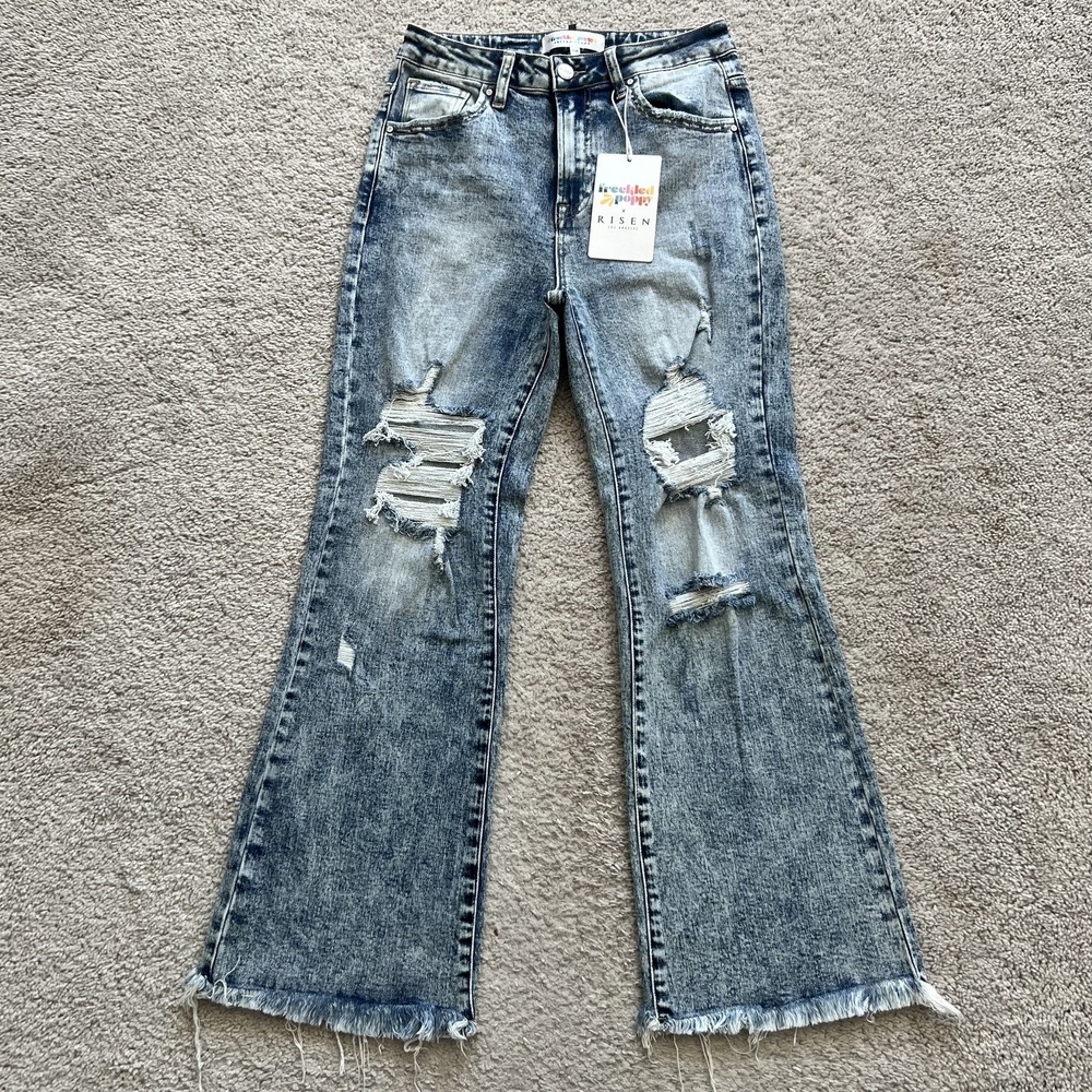 Risen Freckled Poppy Jeans Womens 7 Medium Acid Wash High Rise Distressed Flare